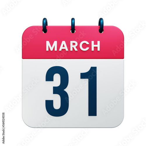 March Realistic Calendar Icon 3D Illustration Date March 31