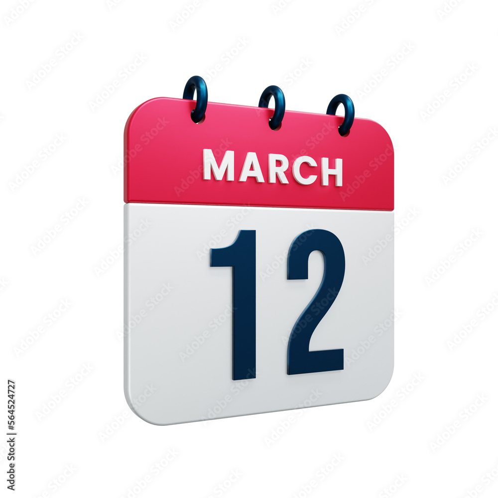 March Realistic Calendar Icon 3D Illustration Date March 12 March Realistic Calendar Icon 3D Illustration Date March 12