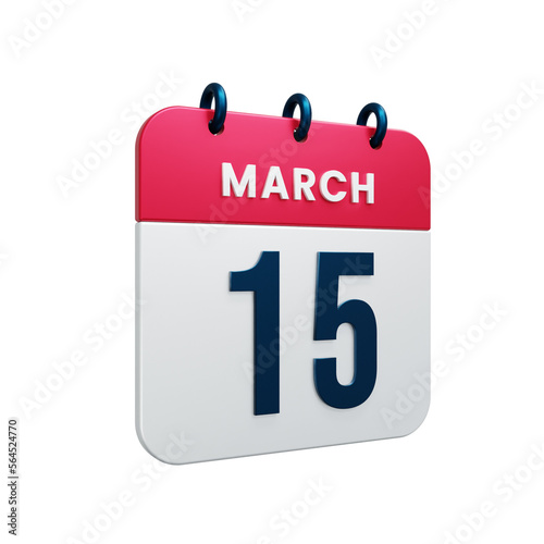 March Realistic Calendar Icon 3D Illustration Date March 15