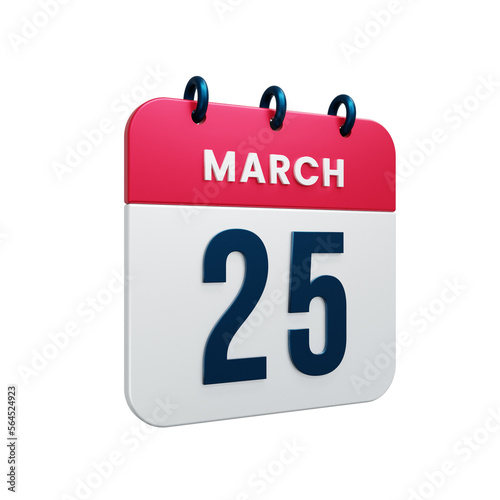 March Realistic Calendar Icon 3D Illustration Date March 25