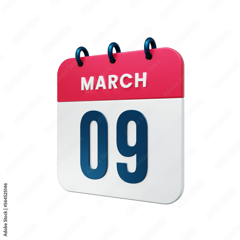 March Realistic Calendar Icon 3D Illustration Date March 09 March Realistic Calendar Icon 3D Illustration Date March 09