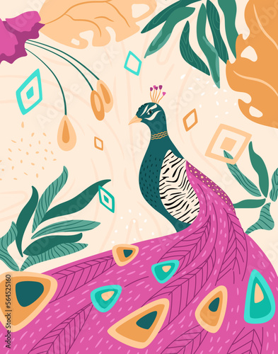 Peacock with bright tail print. Bird in garden with exotic leaves, tropical flowers. Creative vector illustration on beige background with rhomb graphics and lines. Beautiful fashion animal.