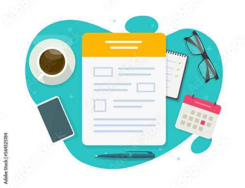 Application statement filling table desk top view vector, office paper document claim writing pen, admission registration tax form, questionnaire survey blank, job apply service, insurance policy