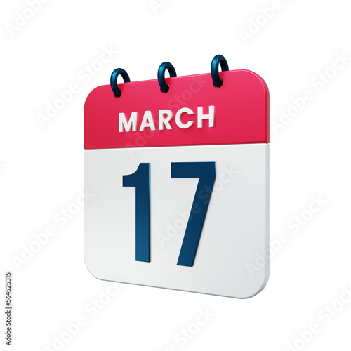 March Realistic Calendar Icon 3D Illustration Date March 17