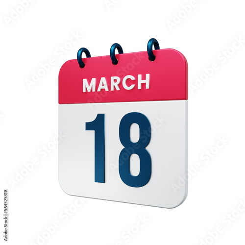 March Realistic Calendar Icon 3D Illustration Date March 18