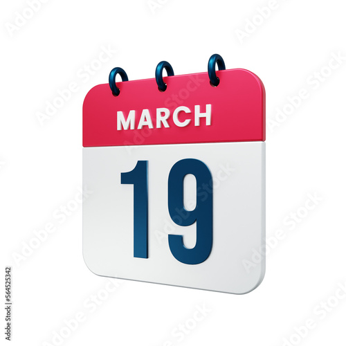 March Realistic Calendar Icon 3D Illustration Date March 19