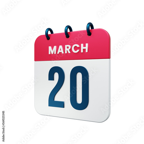 March Realistic Calendar Icon 3D Illustration Date March 20