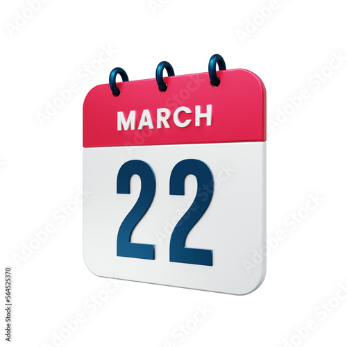 March Realistic Calendar Icon 3D Illustration Date March 22