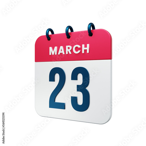 March Realistic Calendar Icon 3D Illustration Date March 23