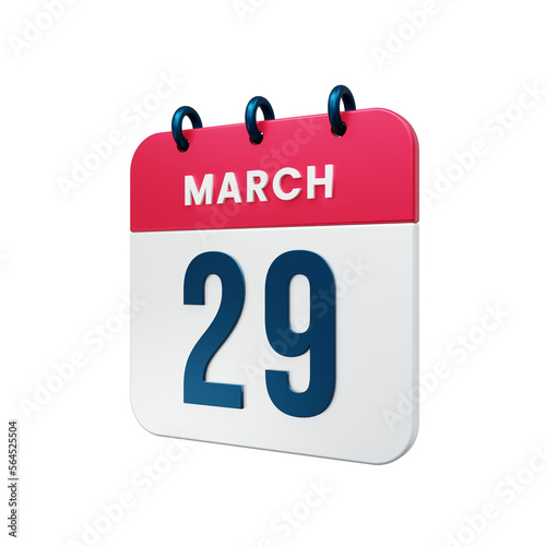 March Realistic Calendar Icon 3D Illustration Date March 29