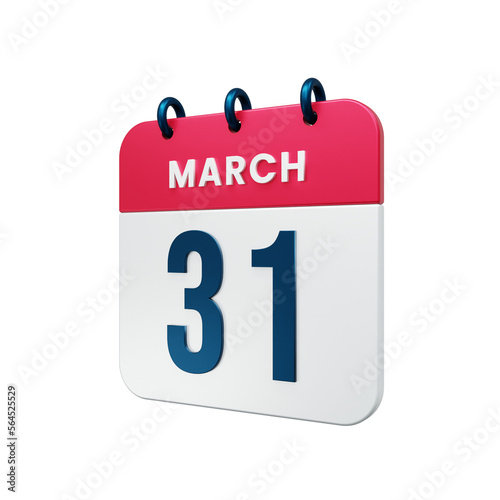 March Realistic Calendar Icon 3D Illustration Date March 31