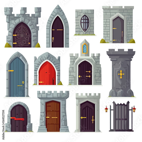 Medieval castle doors set. Old vintage entrances from wood, metal. Isolated on background. Vector illustration