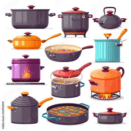 Cook pans and pots on gas, electric stoves set. Isolated on background. Vector illustration