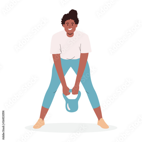 Woman workout with kettlebell, character illustration © CatCandy
