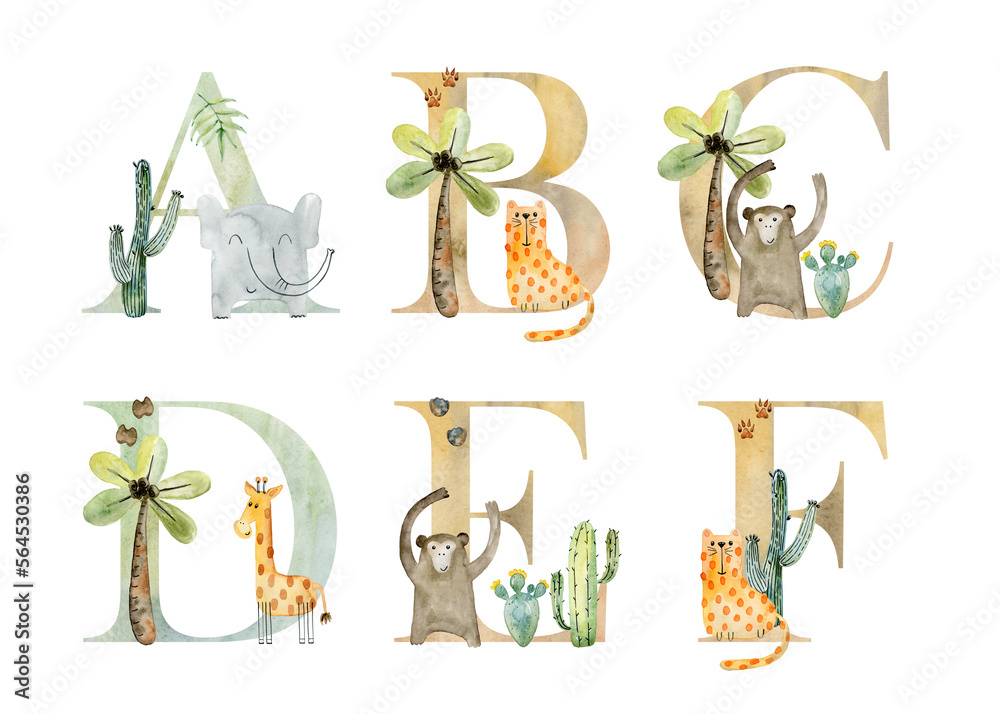 Watercolor safari animals letters for invitation card, nursery poster and other. - obrazy, fototapety, plakaty 