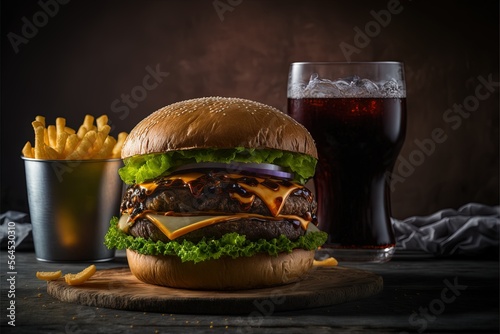Craftbeef-Burger und Pommes frites auf Holztisch isoliert auf dunklem Hintergrund, Generative AI