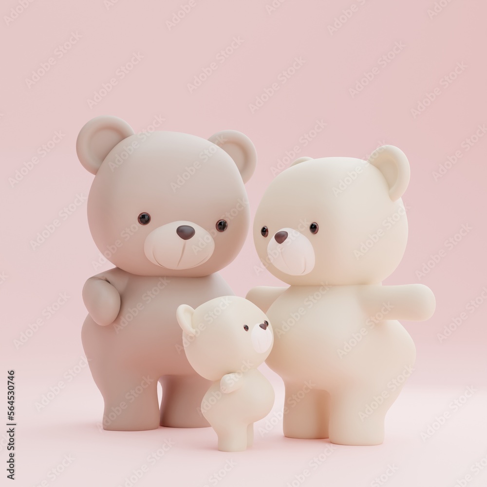 Cute bear family in 3D. illustration