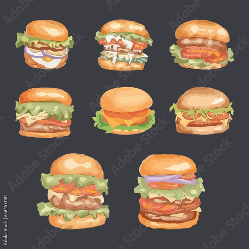 Set of hamburger in watercolor style vector illustration