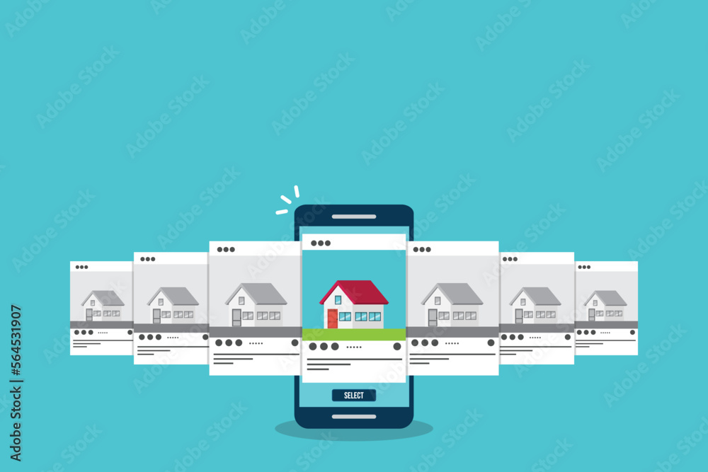 House for rent. Smartphone app with house icons, house for rent or sale ,house selection concept, flat style vector illustration.