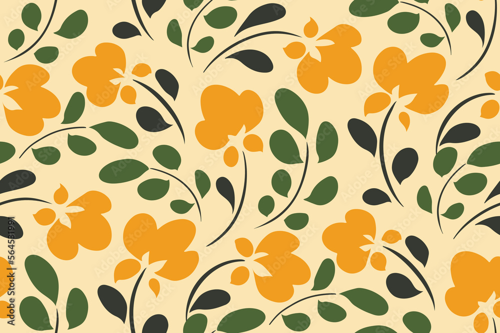 Seamless floral pattern, artistic ditsy print with summer, spring botany in folk painting style. Fresh botanical design with small hand drawn flowers, leaves on light background. Vector illustration.