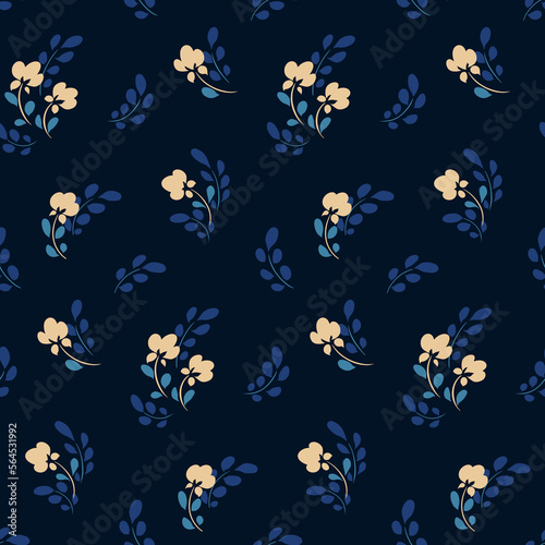Seamless floral pattern, cute ditsy print with folk motif. Elegant botanical design with small decorative art plants: tiny hand drawn flowers, leaves on a dark background. Vector illustration.