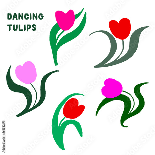 dancing tulips illustration, spring flowers and blossom vector design 