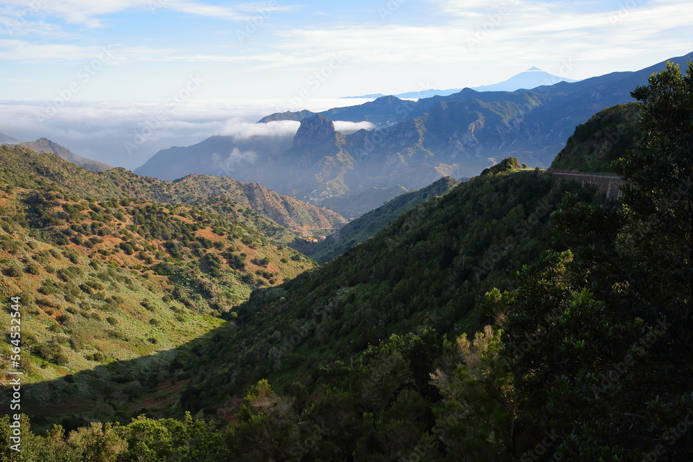 General view of the Northern Island towards Vallehermoso, La Gomera, Canary Islands, Spain, with Roque el Cano and el Teide volcano (Tenerife island) in the background.