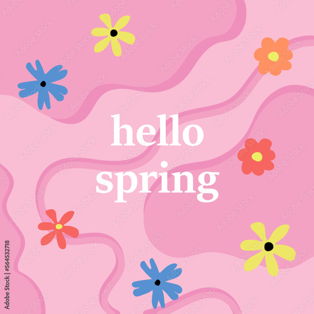 Hello spring text vector greeting banner design with colorful floral elements like chamomile and sunflower in pink floral background for spring season.