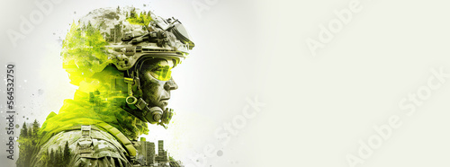 Double exposure silhouette profile of modern soldiers in a scene from a game or movie concept made with generative AI