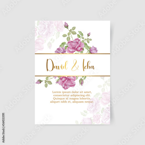 Wedding floral invite, invtation card design. Watercolor style blush pink roses, white garden peony flowers, green leaves, greenery fern & golden geometrical border. Vector art elegant classy template photo