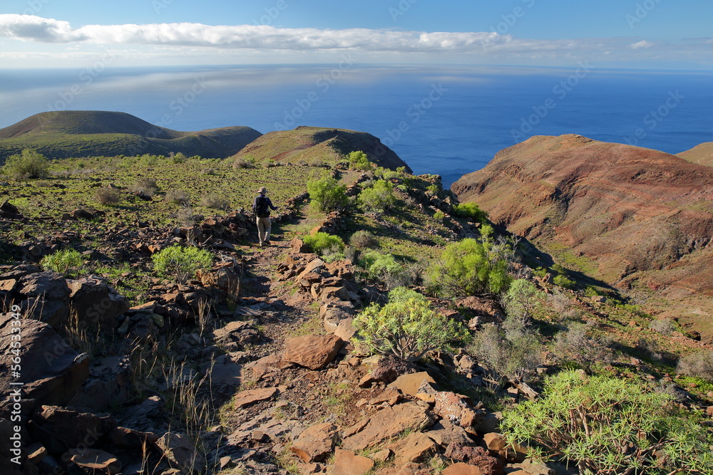 Colorful landscape viewed from a hiking trail (Sendera Quise) starting from the hamlet Quise (near Alajero) towards Playa La Cantera in the South of the island La Gomera, Canary Islands, Spain