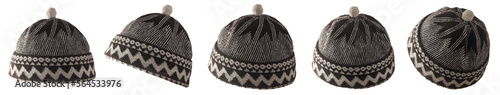 Fotografi set of black and white winter cap with pom-pom on top isolated, close-up of wool