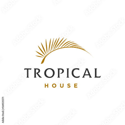 palm tree golden logo, coconut leaf logo vector icon illustration in Geometric minimal line style for holiday hotel residence house vacation concept business