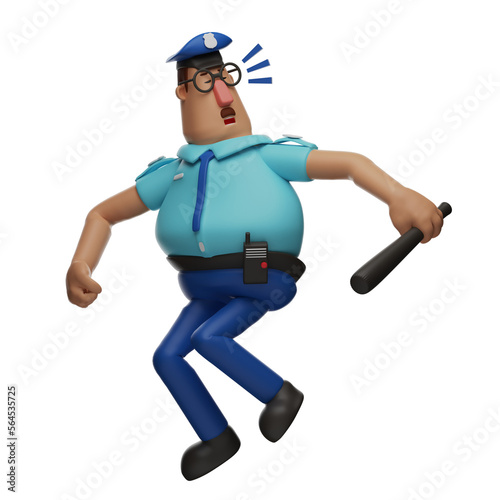  3D illustration. 3D Police Officer Cartoon Design in strange pose. showing a surprised facial expression. holding a tonfa stick in hand. 3D Cartoon Character