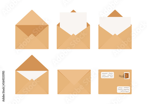 Craft envelopes with letter closed, open, with postage stamp vector clip art collection. Folded and unfolded brown kraft paper envelope illustration set isolated on a white background. © Irina