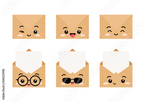 Cute kraft envelopes with letter happy characters vector clip art collection. Kawaii cartoon smilling folded and unfolded brown kraft paper envelope illustration set isolated on a white background.