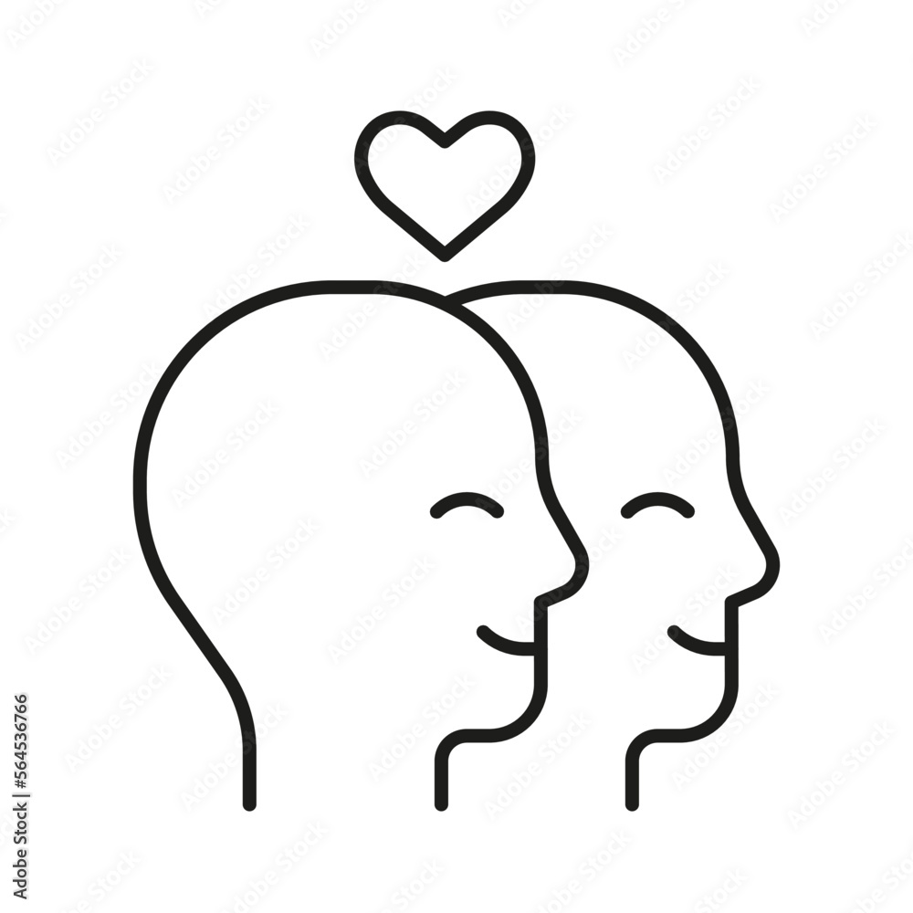 Couple people head profile with love heart, line icon. Face with love feeling, relationship in family. Two lovers look in the same direction.Valentines day. Vector