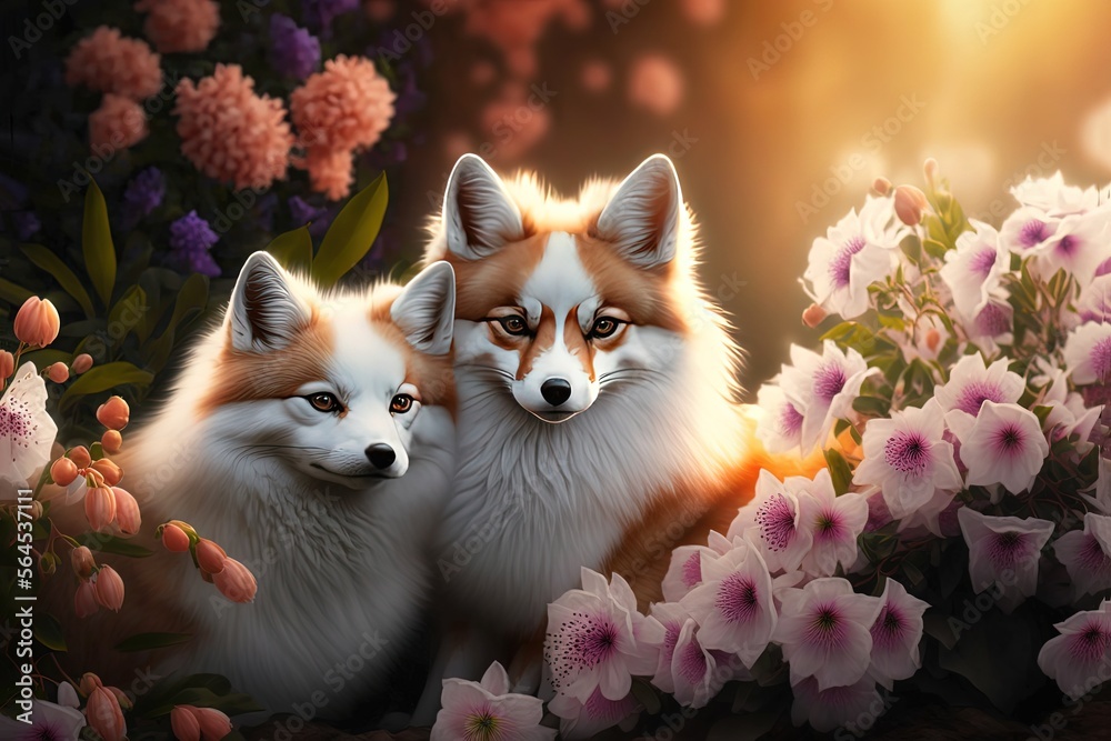 Obraz premium cute animal lover cuddle hug each other in blossom flowers field in dreamy fantasy spring time, idea for family love atmosphere or Valentine's day background wallpaper, white fox Generative Ai