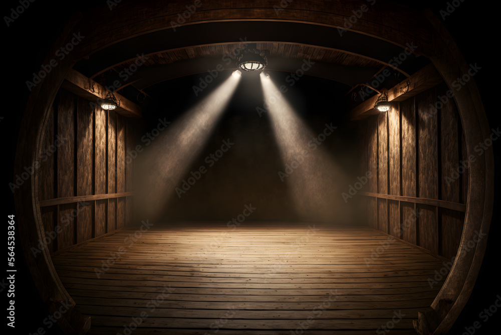 Spotlights illuminate empty wooden stage with dark background ...