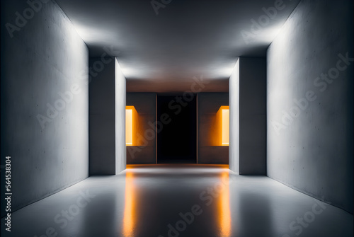Futuristic Tunnel with Neon Light Tubes in Concrete Grunge Tunnel Corridor - generative ai
