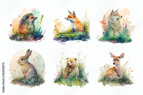 Fototapet Safari Animal set fox, wolf, bear, hare, deer, hedgehog in watercolor style