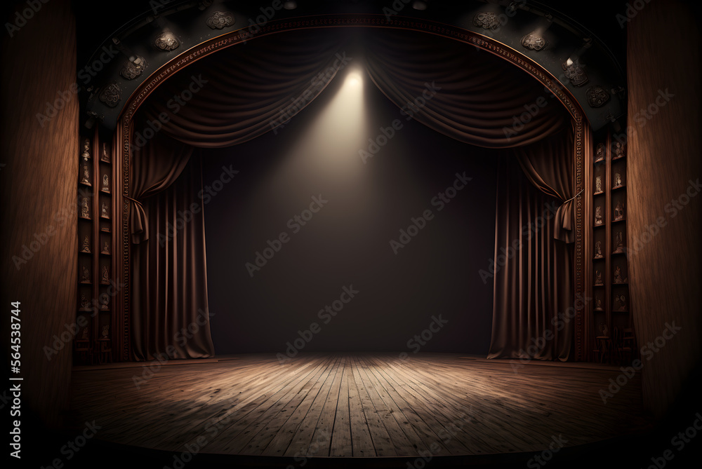Spotlights illuminate empty wooden stage with dark background ...