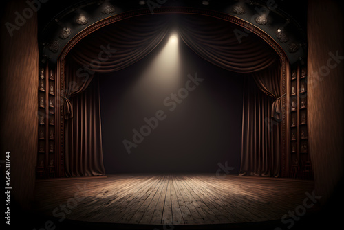 Spotlights illuminate empty wooden stage with dark background generative ai