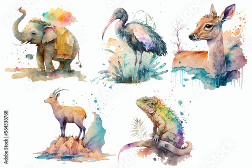 Safari Animal set Impala, ibis bird, ibex, iguana, Indian elephant in watercolor style. Isolated vector illustration photo