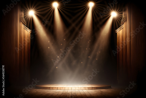 Spotlights illuminate empty wooden stage with dark background generative ai