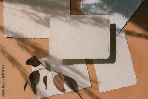 Top view of aesthetic flat lay of handmade paper sheets mockups with overlay shadows.  Handmade cotton rag deckle edge paper cards on terracotta background.