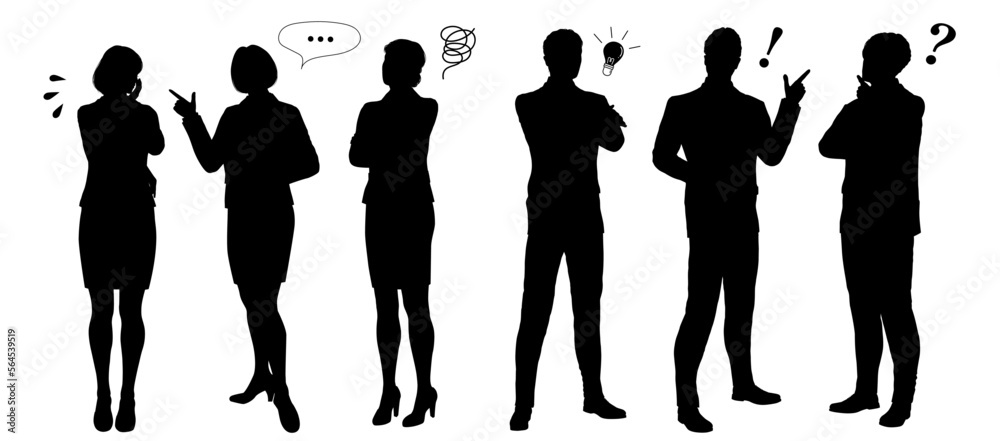 悩む 考える 困る ひらめく ビジネスパーソンのシルエットセット 全身のイラスト素材