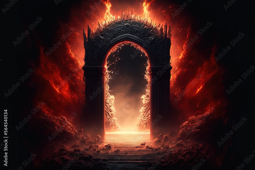 illustration of sinful curse hell gate with smoke and flame Generative Ai - obrazy, fototapety, plakaty 