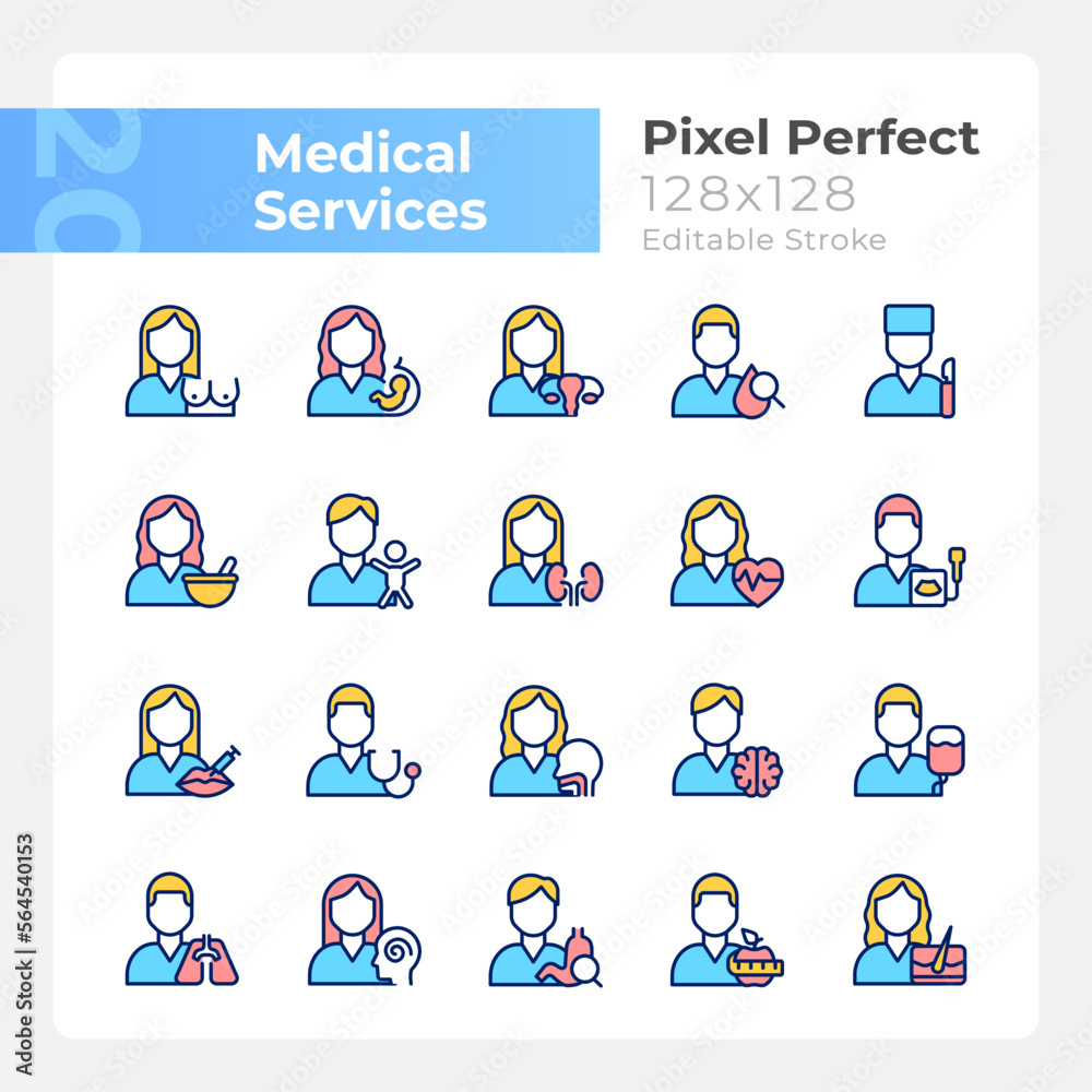 Medical services pixel perfect RGB color icons set. Doctor checkup. Medical clinic and hospital departments. Isolated vector illustrations. Simple filled line drawings collection. Editable stroke Medical services pixel perfect RGB color icons set. Doctor checkup. Medical clinic and hospital departments. Isolated vector illustrations. Simple filled line drawings collection. Editable stroke