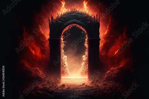 Canvas Print illustration of sinful curse hell gate with smoke and flame Generative Ai